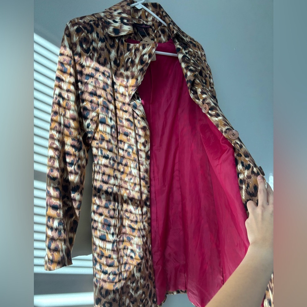 Y2K Retro Leopard Animal Print Midi Streetwear Trench Indie Coat - Size Medium - Picture 10 of 12